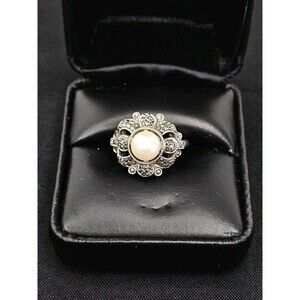 Vtg Art Deco Style Pearl & Marcasite Sterling Silver Ring Size 7.25 *read*